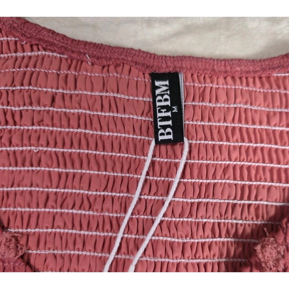 NWT BTFBM Women Medium Pink Swiss Dot Smocked V Neck Long Sleeve Mini Dress - Picture 9 of 12